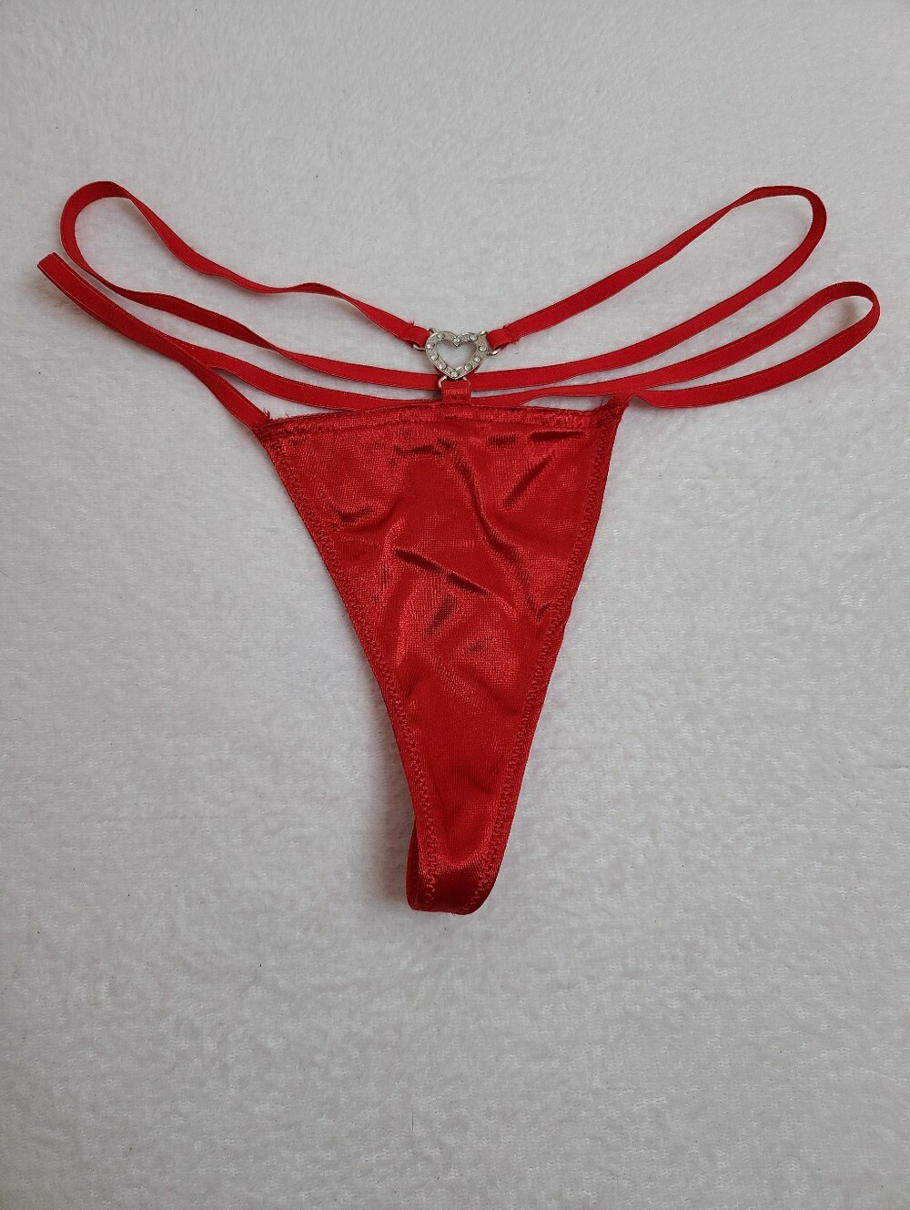 VTG Silky Second Skin Satin Strappy Rhinestone Heart Thong Panty Size Lg